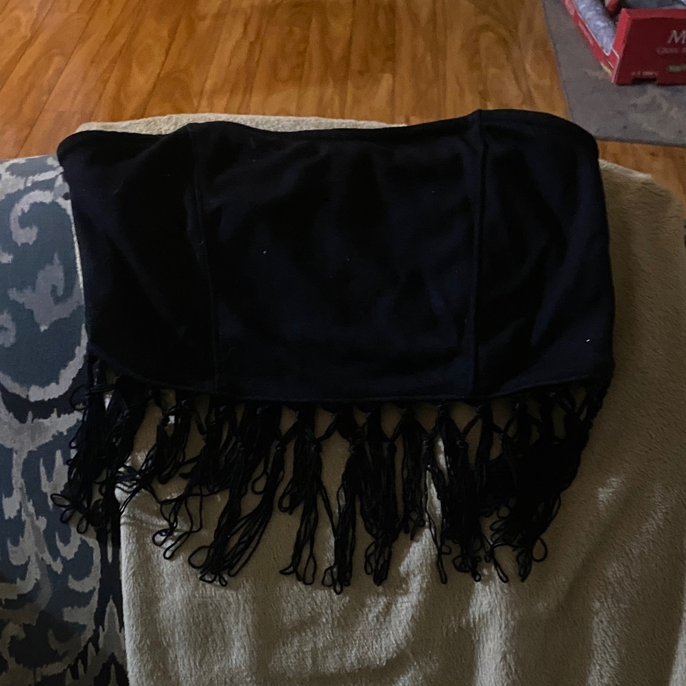 Forever 21 Black Strapless Fringe Crop Top